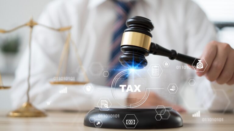 Tax digital icon and lawyer with judge's gavel
